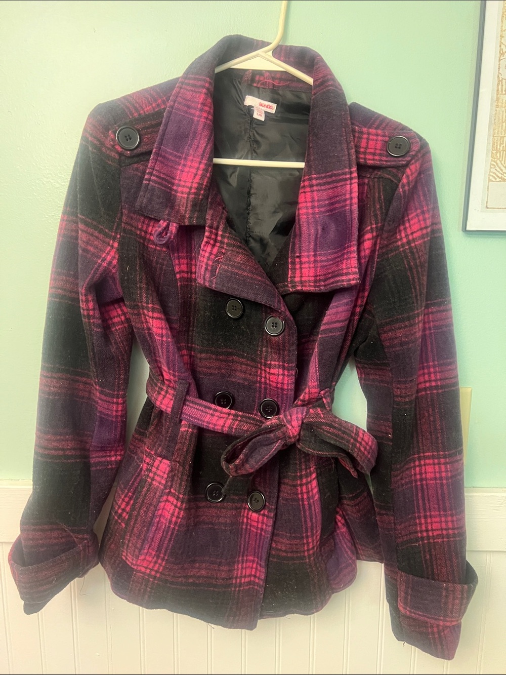 Vintage BONGO y2k Pink & purple & Black Plaid Belted Peacoat size large